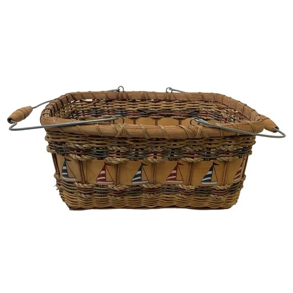 Unbranded Other - Vintage Nautical-Themed Woven Basket Wire Bail Handles Sailboat Design 10"x12"